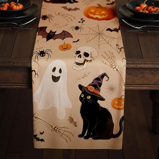 Halloween Table Runner with Ghosts,Black Cats,Pumpkins & Skeletons,Table Decoration for Dining Party and Home Decor,36x13 inches