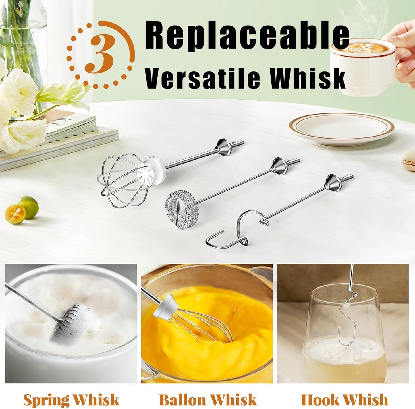 Nahida Baby Blue Milk Frother Wand for Coffee, Frother Handheld Rechargeable Electric Whisk with 3 Heads 3 Speeds Drink Mixer Coffee Frother Foam Maker For Latte, Cappuccino, Hot Chocolate, Egg