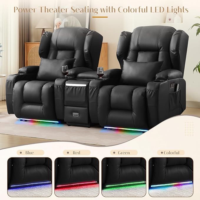 Wall Hugger Power Recliner Chair, Home Theater Seating Electric Recliing Sofa with Massage & Heat, Cup Holder, USB Port, LED Ambient Light, Storage for Living Room (Black, 2 Chairs + Console)