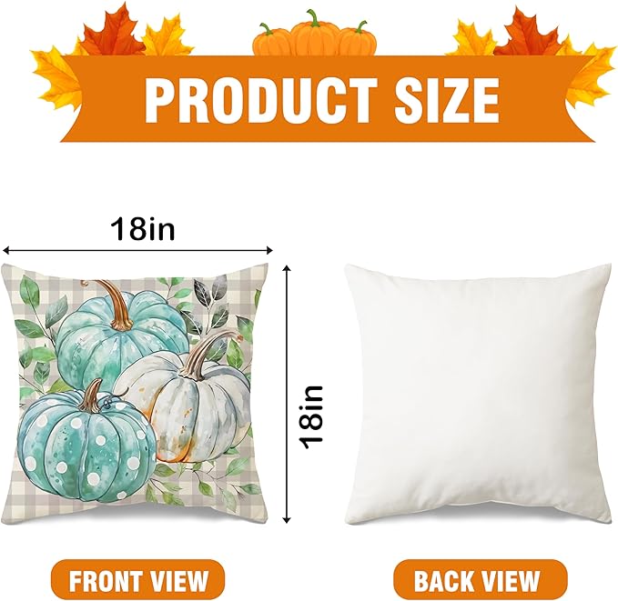 JioJio Chan Fall Pillow Covers 18x18, Set of 4 Thanksgiving Pumpkin Throw Pillows Covers for Sofa Couch, Fall Plaid Farmhouse Decoration for Living Room Bedroom Indoor Outdoor Home Autumn Decor