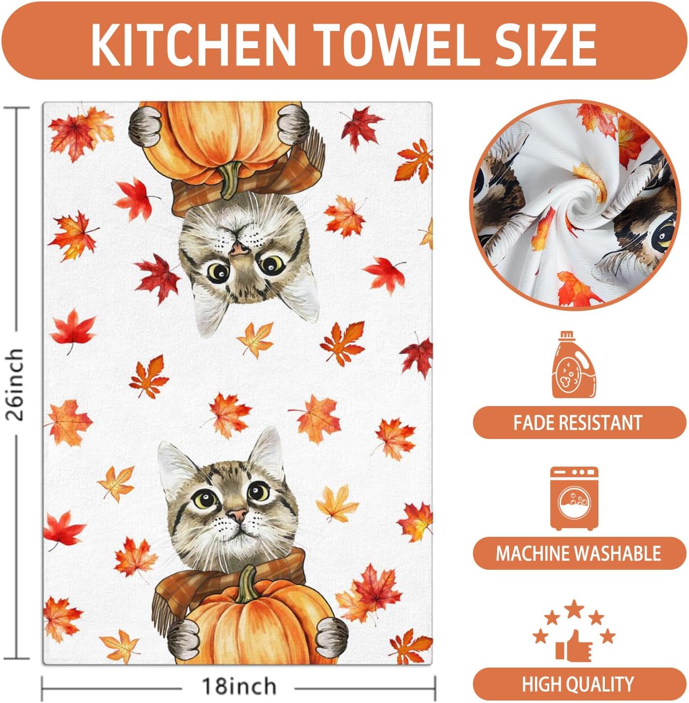 Fall Kitchen Towels Cat Pumpkin Maple Leaves Dish Towels Autumn Harvest Kitchen Decoration Hand Towels Set of 2, 18x26 Inch