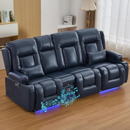 IPKIG 89" Power Reclining Loveseat Sofa, Electric Home Theater Seating with Console/4 Colors Ambient Lighting/Bluetooth Speakers/USB Ports/Built-in Outlets (Blue, 3-Seater with Console)