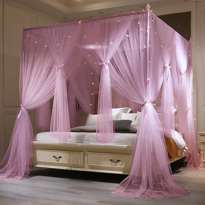 VETHIN 4 Corners Post Princess Bed Canopy Curtain Double Layer Cozy Drape Netting 4 Opening Mosquito Net for Girls & Adults Bedroom Decoration Accessories (Double Pink, 64" W*82" L*82"*H/(Queen))