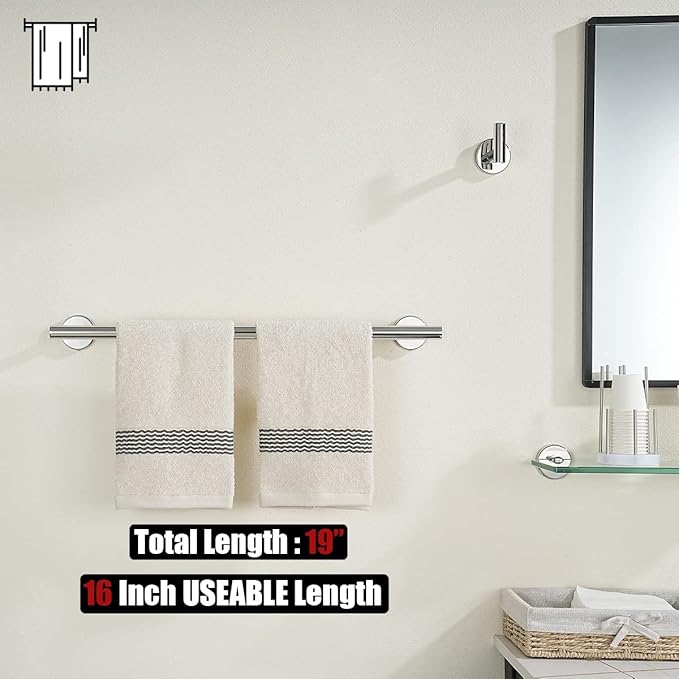 JQK Towel Bar Polished Steel, 19 Inch 304 Stainless Steel Thicken 0.8mm Towel Rack Chrome Bathroom, Towel Holder Wall Mount, Useable Length 16 Inch TB110L16-CH