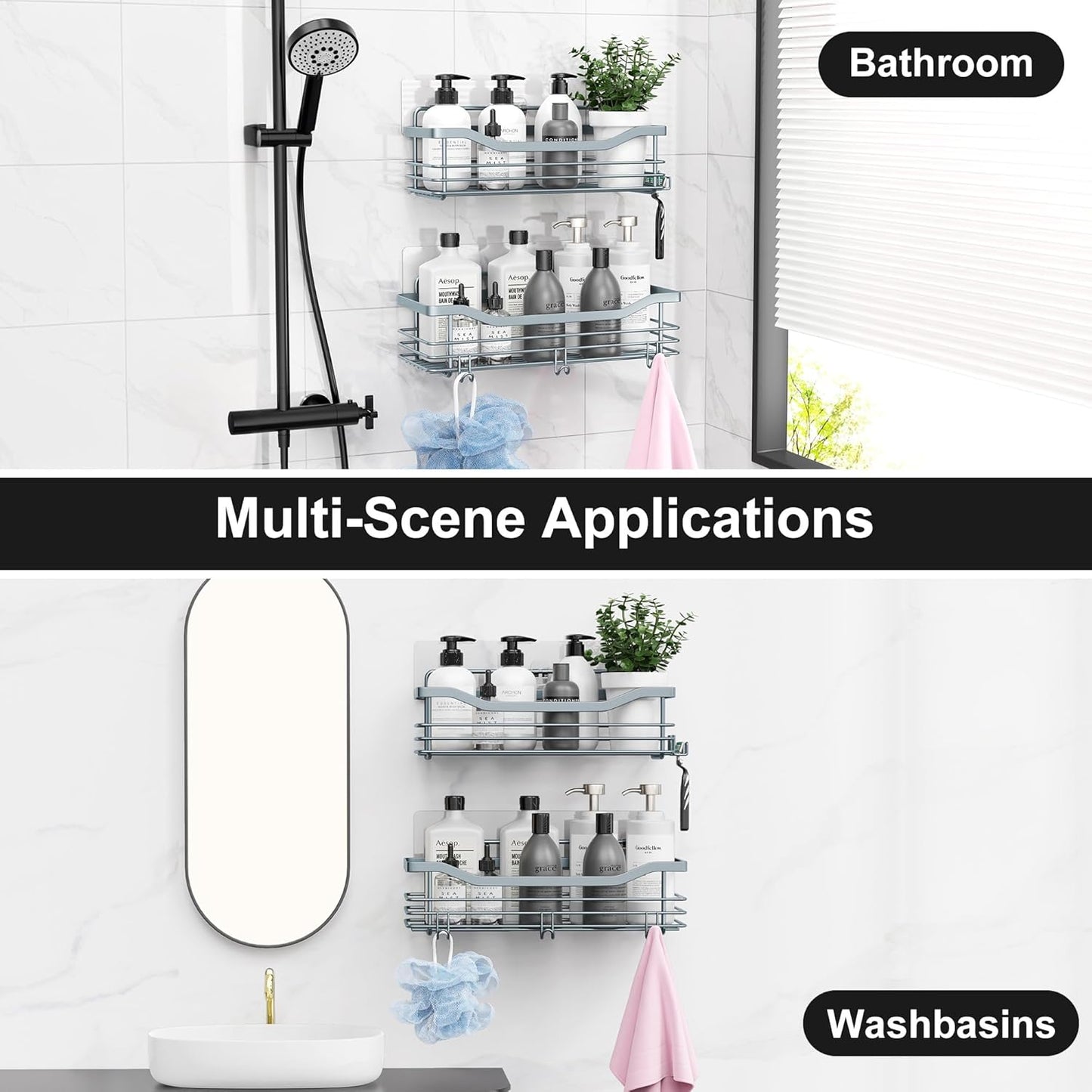 Orimade Shower Caddy Basket Shelf Storage Rack, No Drilling Wall Mounted Adhesive Rust Proof Stainless Steel Shower Organizer with 5 Hooks for Bathroom, Light Blue Grey 2 Pack