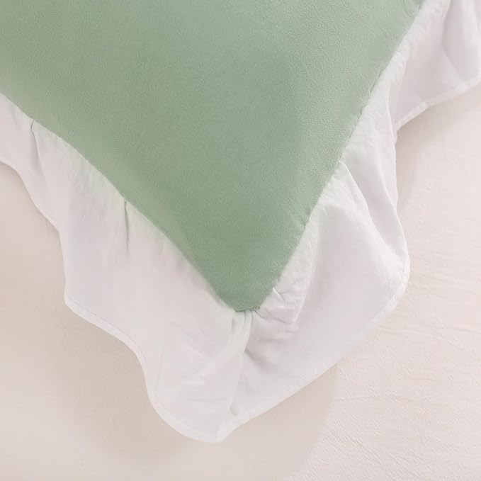 Merryword Green Pillow Shams Green and White Reversible King Pillowcases Cute Pillow Cover Set of 2 Soft Shabby Chic Ruffled Pillowcases 2 Pack (King (20''x36''), Green White)