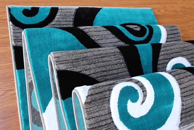Masada Rugs Sophia Collection Hand Carved Long Runner Area Rug Modern Contemporary Turquoise Grey White Black (2 Feet 8 Inch X 15 Feet 6 Inch) Runner