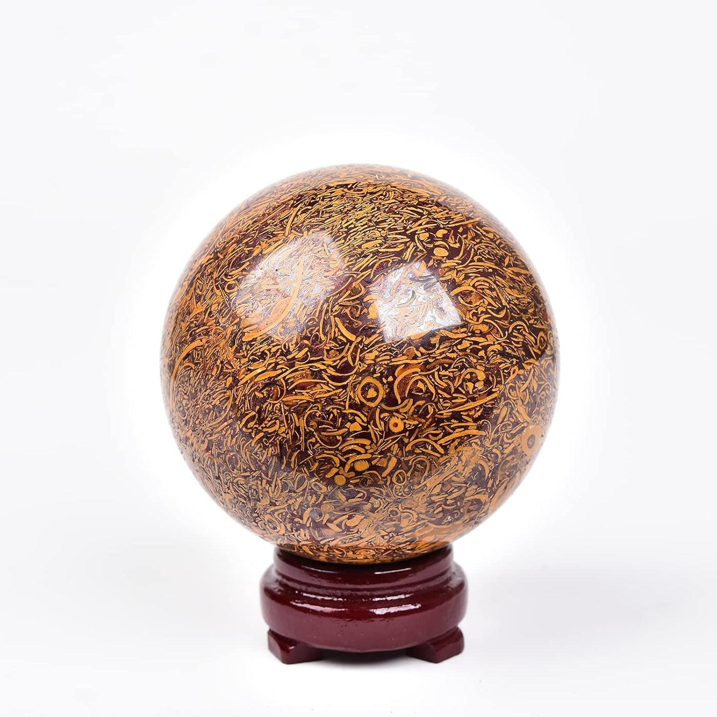 JIC Gem Real Natural Large Crystal Sphere Ball with Wooden Stand for Fengshui Golden Jade Healing Crystal Ball Decoation Meditation Energy Reiki Ball (100-110mm), 4-4.5inch