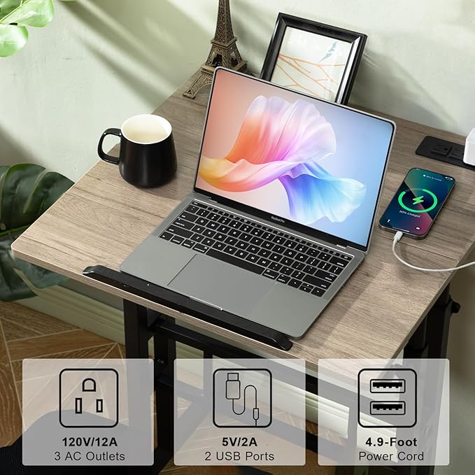 Hadulcet Mobile Standing Desk with Charging Station, Adjustable Standing Computer Desk, Standing Adjustable Laptop Cart with Wheels for Home Office Classroom Light Grey