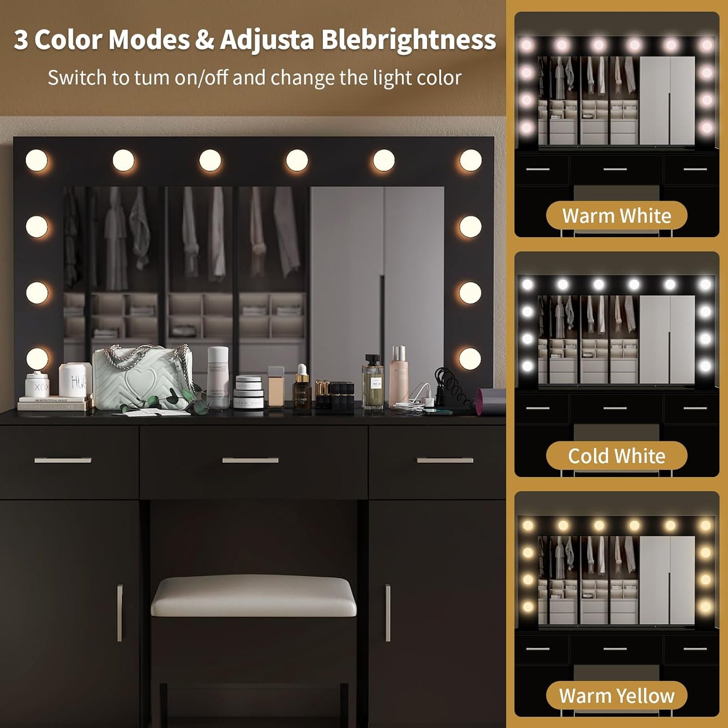 Karl home Vanity Desk with Large Lighted Mirror & Powre Outlet, Glass Tabletop Makeup Vanity Set with 3 Drawers & 2 Cabinet, 45.3" Make up Dressing Table with 12 Lights for Bedroom, Black