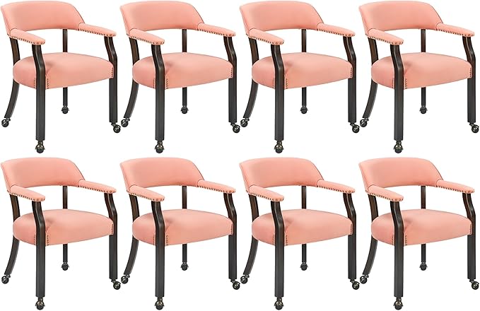MODERION Dinning Chairs with Wheels and Arms Set of 8, Solid Wood Office Desk Chairs with Frosted Velvet Upholstered, Classic Swivel Accent Chairs, 31.5" H Boss Caption's Chair, Pink, XXY-HT22-PI