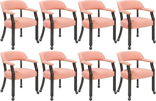 MODERION Dinning Chairs with Wheels and Arms Set of 8, Solid Wood Office Desk Chairs with Frosted Velvet Upholstered, Classic Swivel Accent Chairs, 31.5" H Boss Caption's Chair, Pink, XXY-HT22-PI