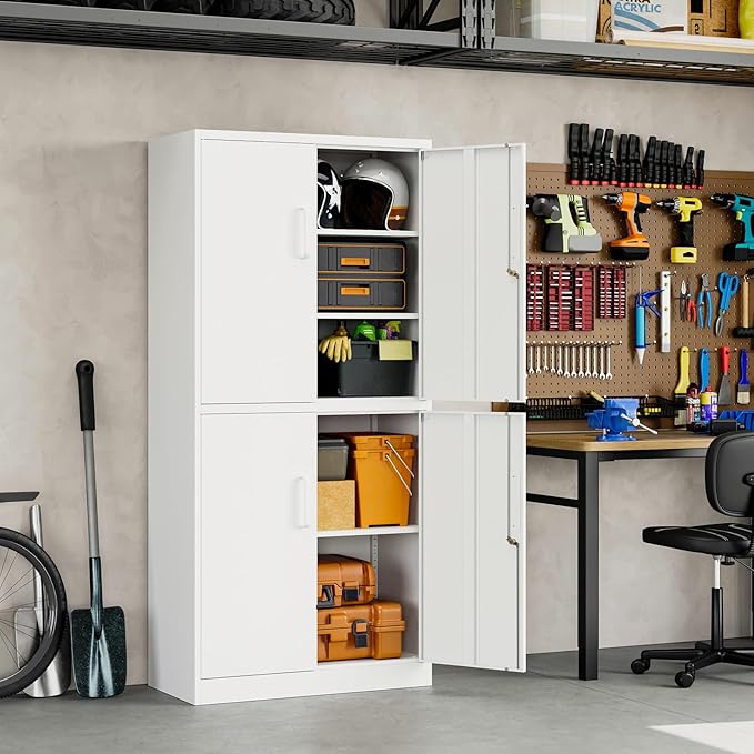 Yizosh Metal Storage Locking Cabinet with 4 Doors and 2 Adjustable Shelves,71" Lockable Garage Tall Steel Cabinet,for Home Office,Living Room,Pantry,Gym,Commercial Storage (White)