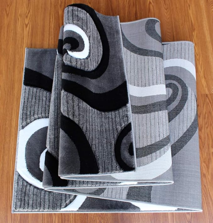 Masada Rugs Sophia Collection Hand Carved Runner Area Rug Modern Contemporary Grey White Black (2 Feet 8 Inch X 10 Feet) Runner