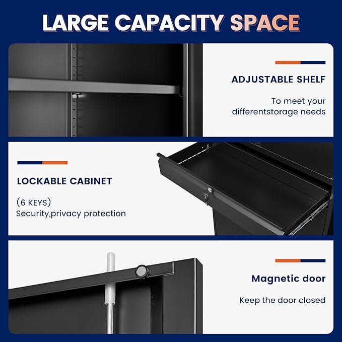 Yizosh Metal Garage Storage Cabinet with Locking Doors and Adjustable Shelves, 71" Tool Storage Cabinet with 1 Drawer for Garage,Warehouse (Black)