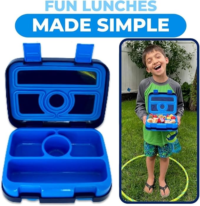 Kids Lunch Box - Bento Box for Boys Toddler Daycare, 4 Portion Sections with Lid, Snack Container Pre-School Kid Lunches Toddlers Removable Tray BPA Free, 3+ Years Old, Blue Rocket Dinosaur