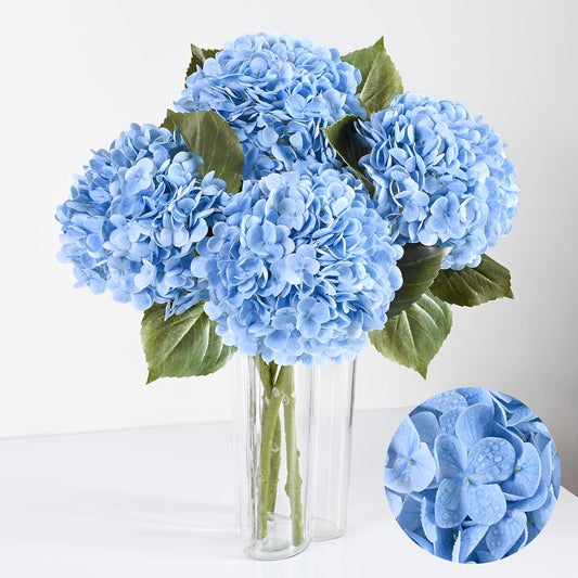 Artflower 4Pcs Real Touch Hydrangea Artificial Flowers, 22.5'' Blue Full Latex Faux Hydrangea Flowers for Home Floral Arrangements Wedding Bouquets Kitchen Table Centerpiece Decorations