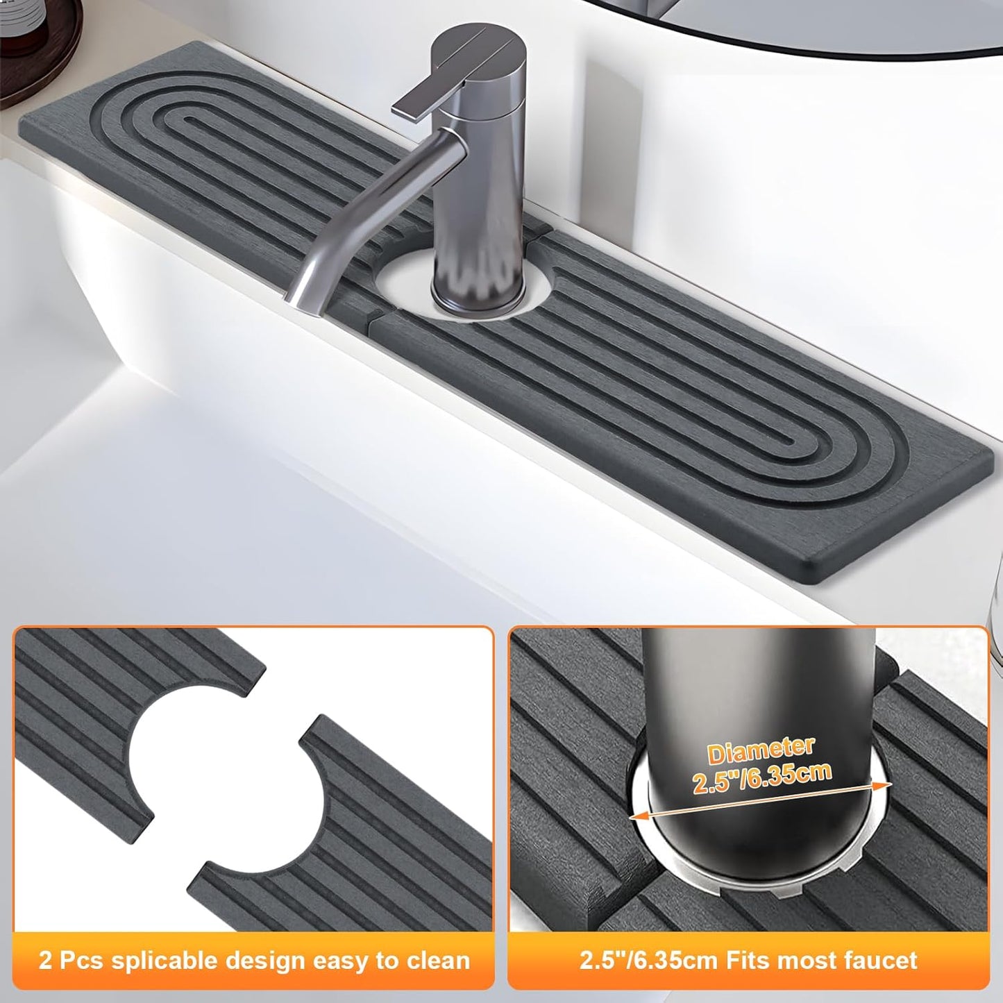 Kitchen Sink Faucet Mat, Super Absorbent Diatomaceous Earth Kitchen Sink Mat Prevents Water Pooling in Sinks, Sink Splash Guard for Kitchen Bathroom Keeps Countertops Dry (Dark Grey)