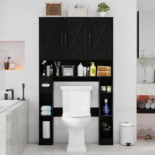 Over The Toilet Storage Cabinet, Farmhouse Toilet Cabinet Rack with 3 Barn Doors, Space Saving Bathroom Organizer with Shelves, Toilet Paper Holder and Towel Rack for Bathroom,Restroom,Pure Black