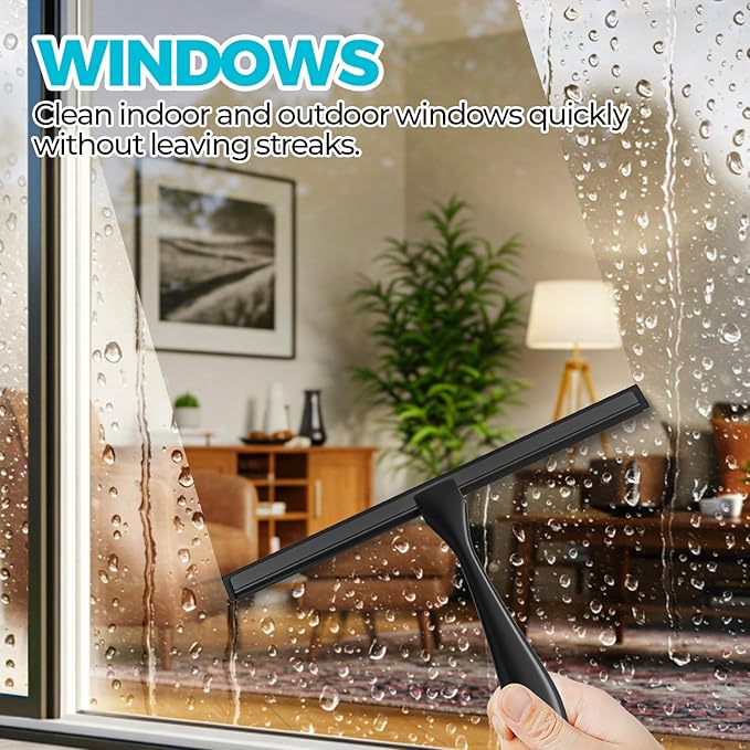 2PACK All-Purpose Shower Squeegee for Shower Doors, Tile Shower Walls, Bathroom, Window, Glass and Car Windshield, Mirrors and Kitchen-Stainless Steel, 10 Inches, Black