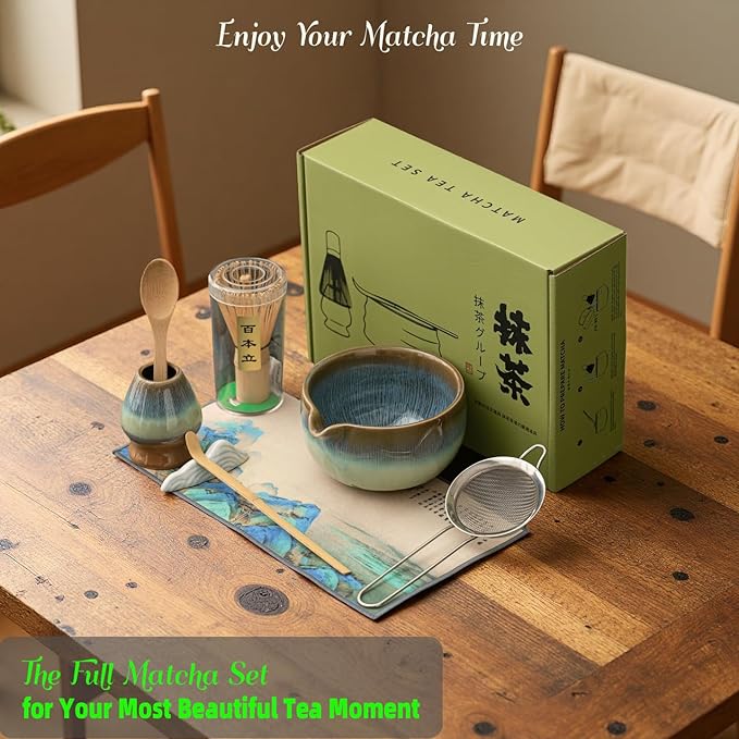 Matcha Whisk Set with Ceramic Bowl - Bamboo Whisk (Chasen), Scoop, Sifter & Holder - Complete Kit for Traditional Matcha Tea - Unique Gifts for Women, Men, Tea Lovers (Green)