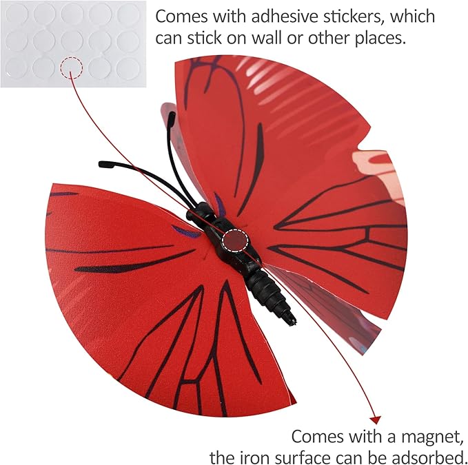 12PCS Butterfly Wall Decals Removable 3D Red Butterflies Sticker with Magnets for Home Bedroom Kids Room Decor (Double Layer-Red/12PCS)
