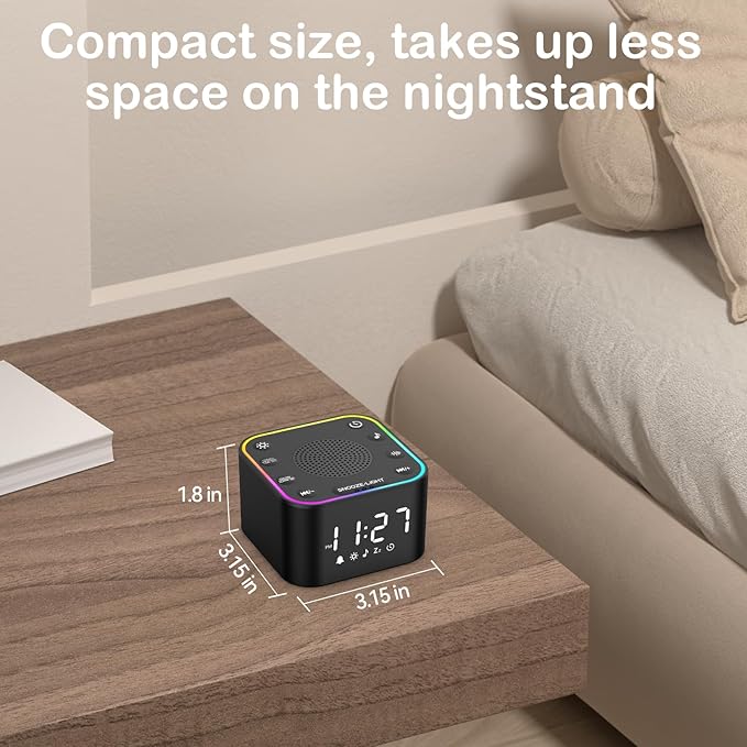 Sound Machine with Alarm Clcok: 30 Non-Looping Sleep Sounds - White Noise Alarm Clock for Natural Wake Up - Adjustable Volume & Light, Memory Function, Sleep Timer (Black)