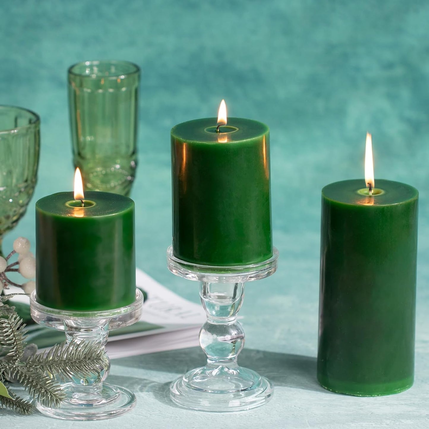 KONNI Navy Green Pillar Candles Set of 3, 3"x 3" Unscented Pillar Candles Bulk, 30 Hours Long Burning Candles, Smokeless&Dripless Large Round Candle for Wedding, Home Decoration, Parties, Spas, Dinner