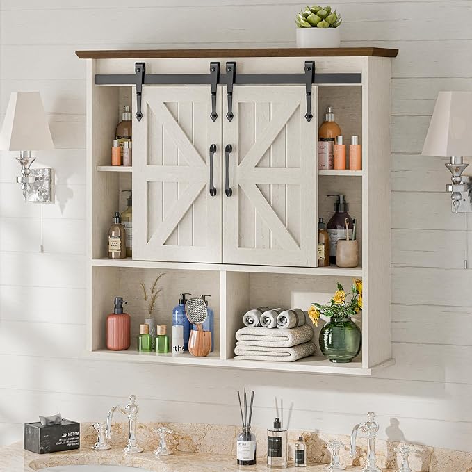 Vabches Bathroom Wall Cabinet, Farmhouse Medicine Cabinet with Double Sliding Barn Door and Adjustable Shelves, Wooden Vintage Storage Cabinet Wall Mounted for Bathroom, Kitchen Dining, Rustic White
