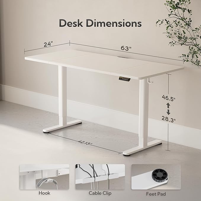 Claiks Electric Standing Desk, Adjustable Height Stand up Desk, 63x24 Inches Sit Stand Home Office Desk with Splice Board, White Frame/White Top