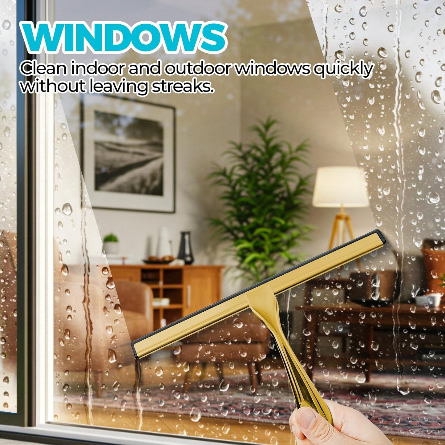 2PACK 12-Inch Golden All-Purpose Shower Squeegee for Shower Doors, Bath Linen Sets, Tile Shower Walls, Bathroom, Window, Glass and Car Windshield, Mirrors and Kitchen-Stainless Steel