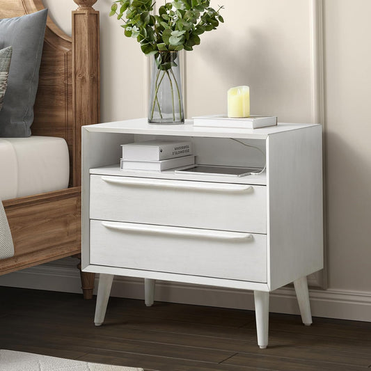 HULALA HOME Nightstand with Charging Station, Mid-Century Modern 2 Drawer and Open Shelf Dresser for Bedroom, Fluted Bedside Table, White