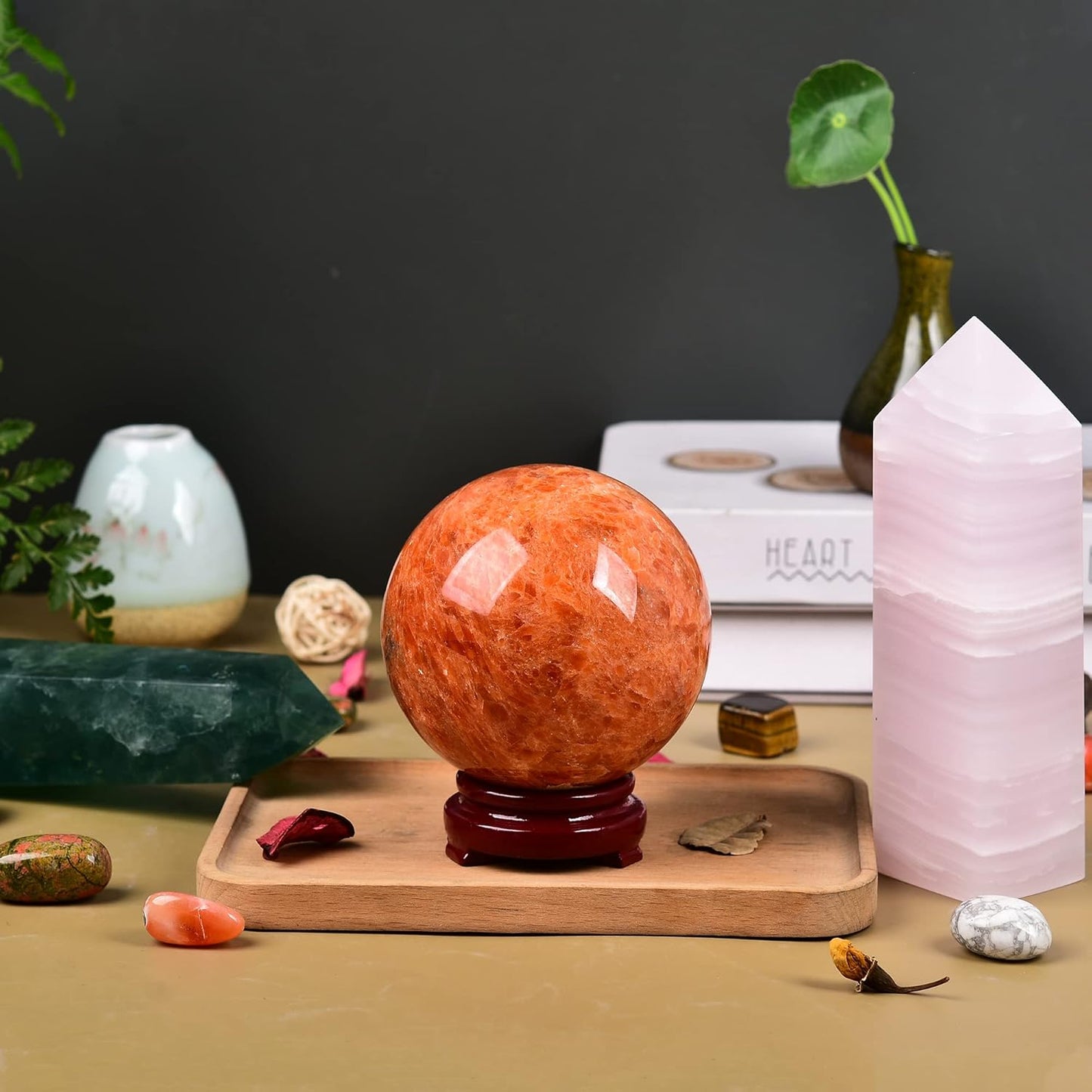 JIC Gem Real Sunstone Crystal Sphere Ball Healing Crystal Ball with Decoation Stand for Fengshui Meditation Ball (100-110mm)