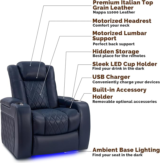 Valencia Tuscany Home Theater Seating | Premium Top Grain Italian Nappa 11000 Leather Power Recliner with Power Lumbar Support & Headrest (Single Recliner, Navy Blue)