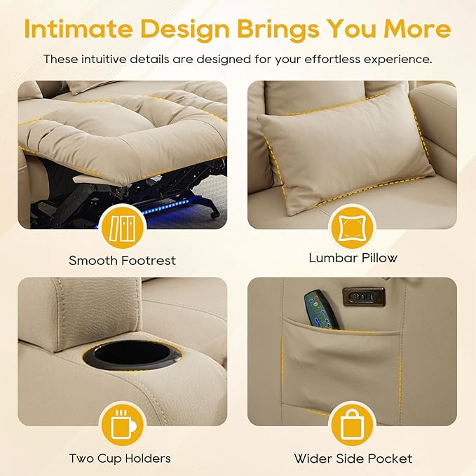 IPKIG 54" Power Reclining Loveseat Sofa, Electric Home Theater Seating with 4 Colors Ambient Lighting/USB Ports/Cup Holders for Living Room, Bedroom, Home, Rvs (Beige, 2 Seater)