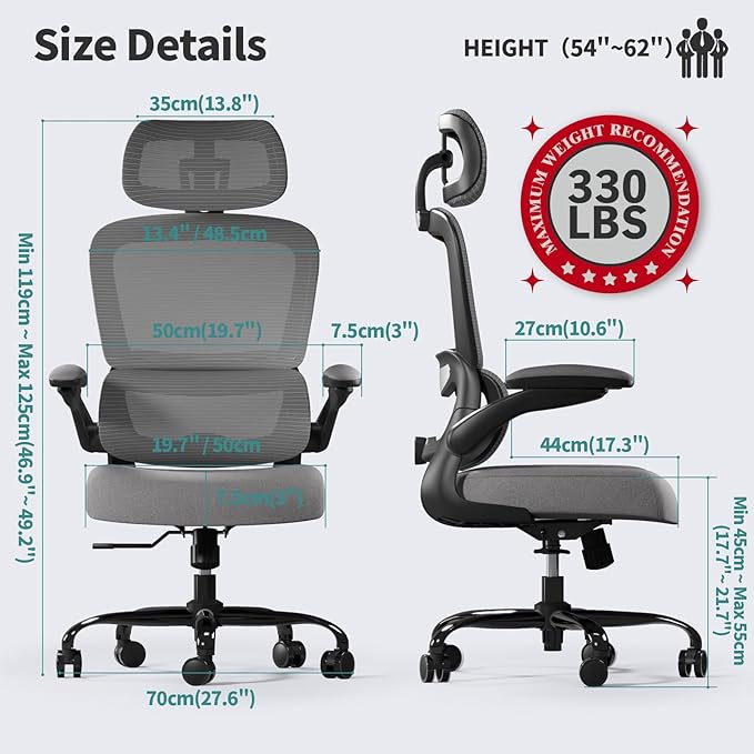 TRALT Office Chair Ergonomic Desk Chair, 330 LBS Home Mesh Office Desk Chairs with Wheels, Comfortable Gaming Chair, High Back Office Chair for Long Hours (Black Grey)
