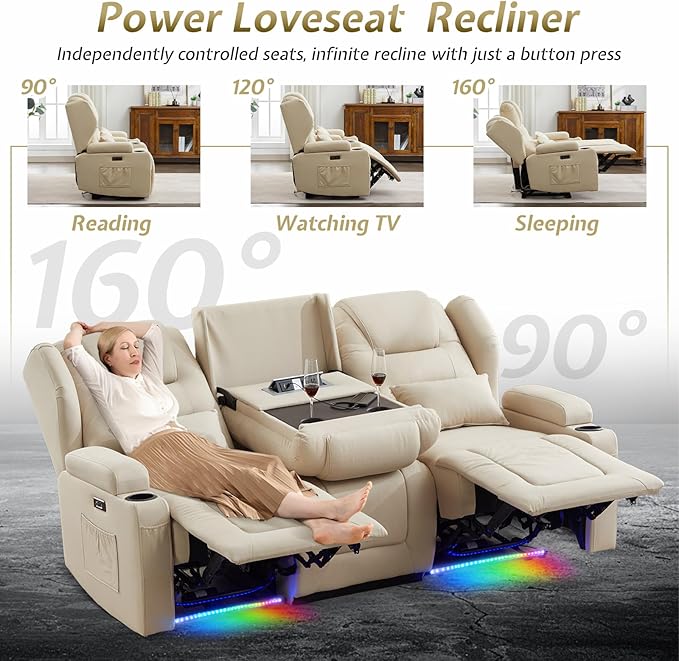 SAMERY Power Loveseat Recliner Sofa with Adjustable Split Back, Multi-Port Charger, Flip-Up Backrest & LED Lighting - Home Theater Seating with Storage, Cup Holders, Beige Fabric Loveseat Recliner