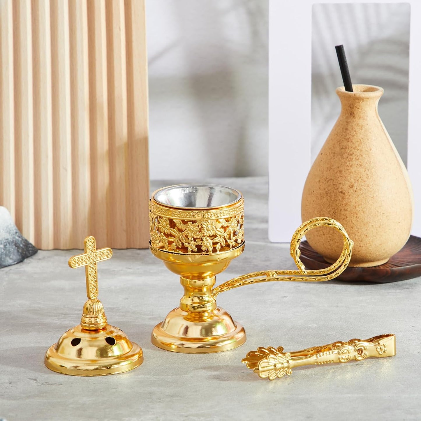 Zonon 2 Sets Incense Burner with Tong, Frankincense Charcoal Incense Stand Holder, Ideal for Yoga, Spa, Aromatherapy, Home and Christian Church Censer(Gold)
