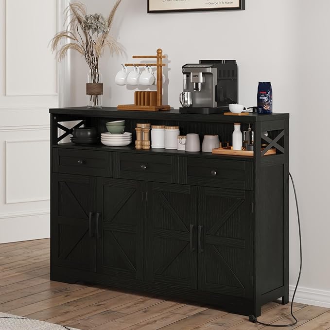 51" Black Buffet Sideboard Cabinet with Storage, Farmhouse Kitchen Storage Pantry Cabinet with Drawers, Wood Cupboard Hutch, Coffee Bar Station Table for Kitchen, Living Room, Dining Room