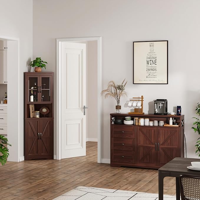 47" Dark Brown Farmhouse Storage Cabinet with Barn Doors and Drawers, Sideboard Buffet Cabinet with Storage, Kitchen Pantry Hutch, Coffee Bar Station Table for Kitchen, Living, Dining Room