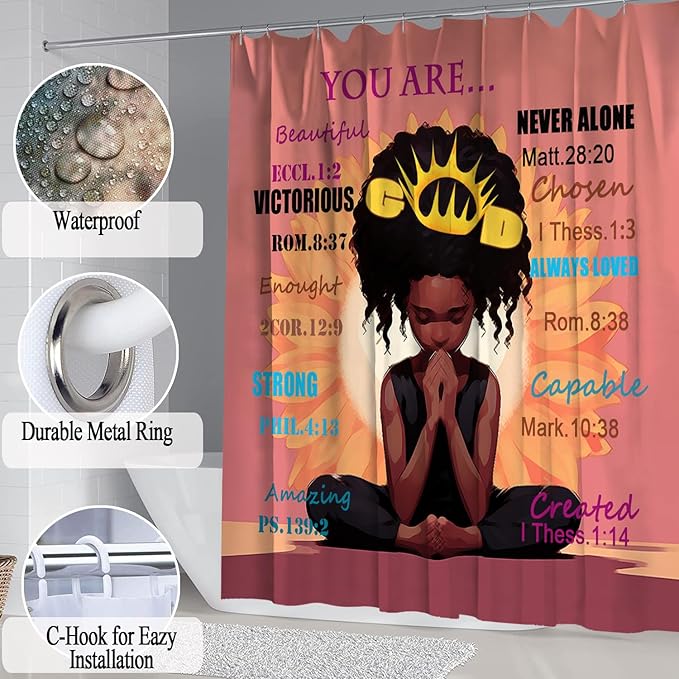 4PCS Black Praying Girl Shower Curtain Set, Cute African American Girl Shower Curtains with Hooks and Bath Mat Sets, Inspirational Quote Romantic Sunflower Halloween Bathroom Decor Sets