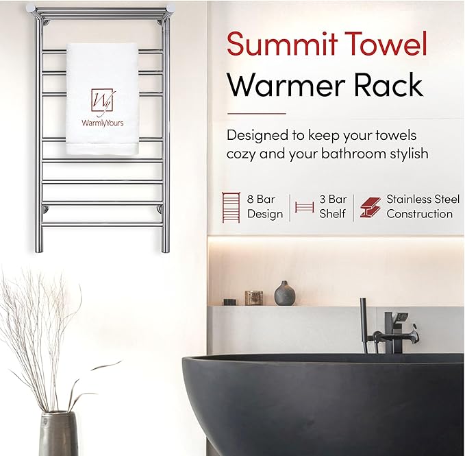 WarmlyYours Towel Warmers for Bathroom - Wall Mounted Heated Towel Rack with Shelf, 11 Bars Polished Stainless Steel, 20 x 36 in. Electric Heating and Drying Rack, 120V Plug-in or Hardwired (Summit)