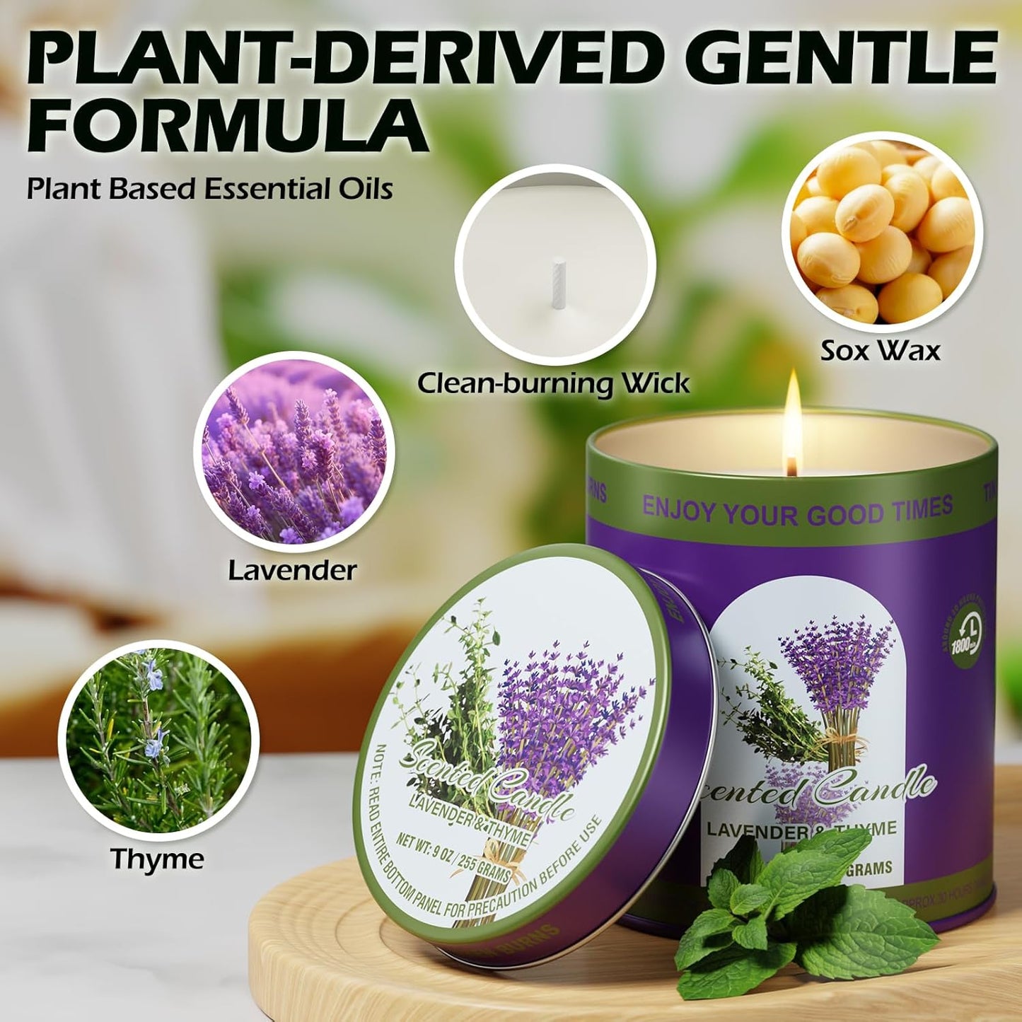 Lavender&Thyme Scented Candle Set | 2Pack 510g 8% Essential Oil, 80H Burn Time | Smokeless Clean-Burning Soy Wax Tin Jar Aromatherapy Candle for Relaxation & Sleep Aid | Candle Gift Set Women&Men