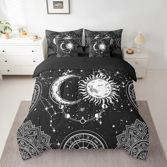 Sun and Moon 7 Piece Bedding Set, Constellation Galaxy Comforter Set Cover for Kids Boys Girls Teens Psychedelic Boho Mandala Bedding Set Celestial Black White Full Size