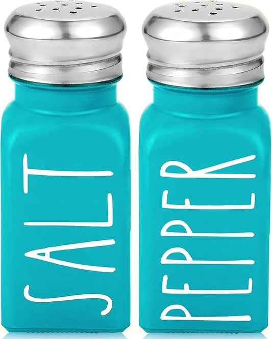 Teal Salt and Pepper Shakers Set by Brighter Barns - Turquoise Kitchen Decor & Turquoise Kitchen Accessories - Cute Modern Farmhouse Glass Shakers for Restaurants Wedding & Stainless Steel Lid (Teal)