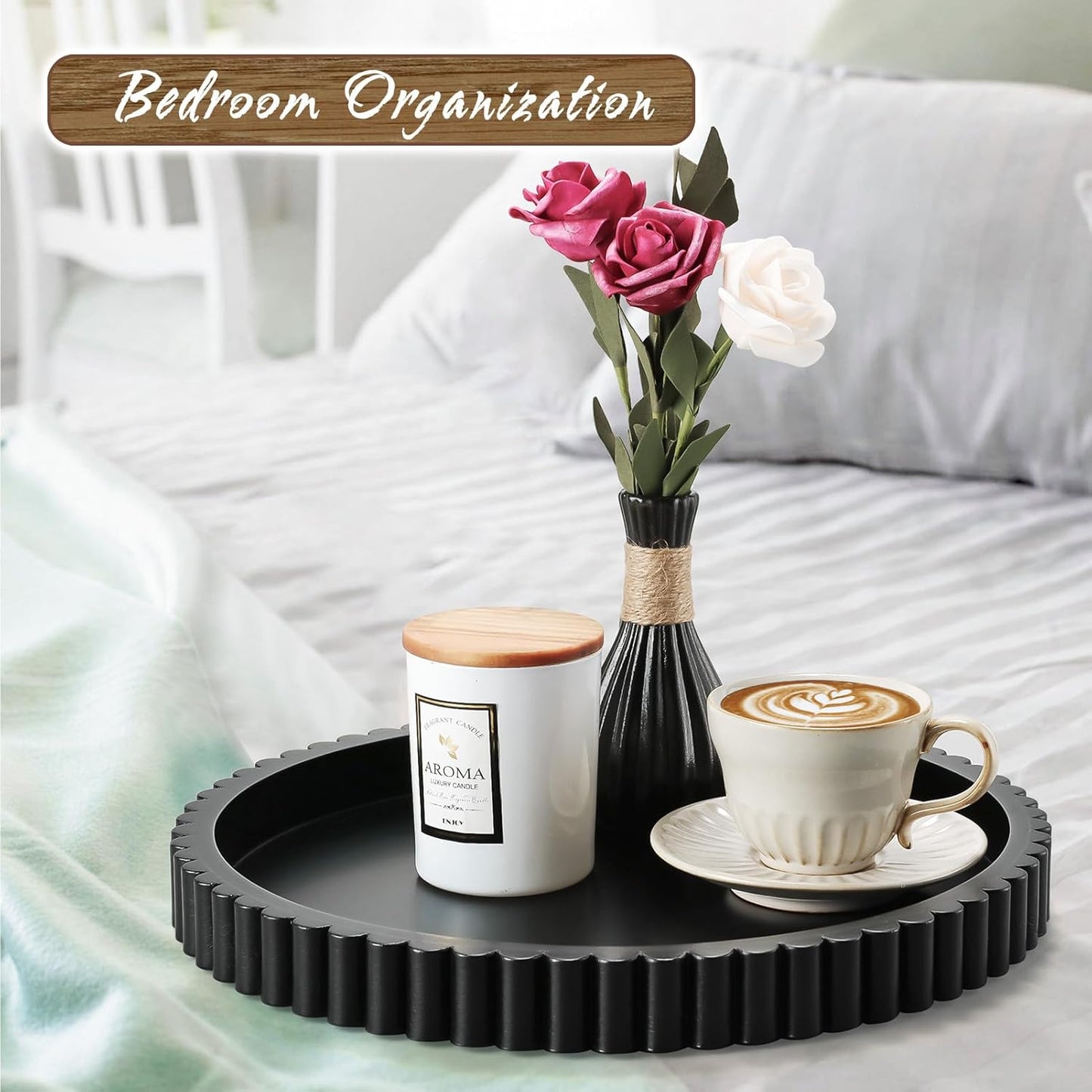 Handmade 12in Decorative Tray for Coffee Table Tray Decor, Black Wooden Decorative Round Tray for Kitchen, Living Room, Home Decor