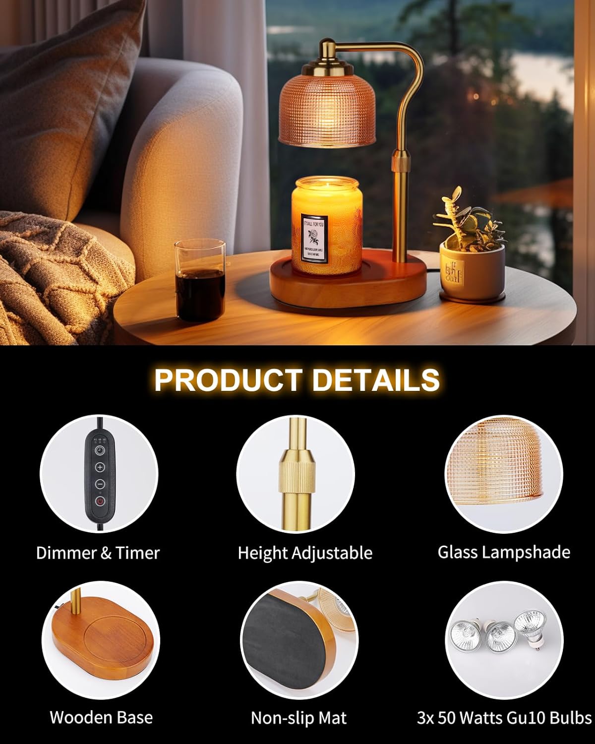 Candle Warmer Lamp Electric Candle Warmer with Timer Dimmable Candle Lamp Warmer with 3 Bulbs Height Adjustable Wax Melt Warmer for Bedroom Home Decor, Amber Gold