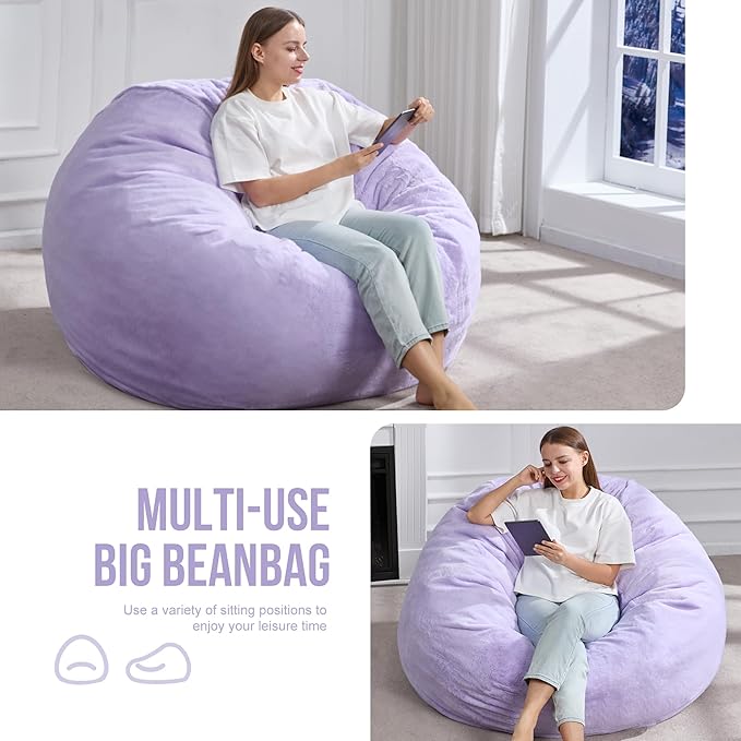 Hobestluk 5ft Bean Bag Chairs for Adults Large Beanbag Chair with Plush Faux Fur Cover Big Bean Bag Chair for Living Room Bedroom Dorm Office - Purple (50” x 50” x 24”)