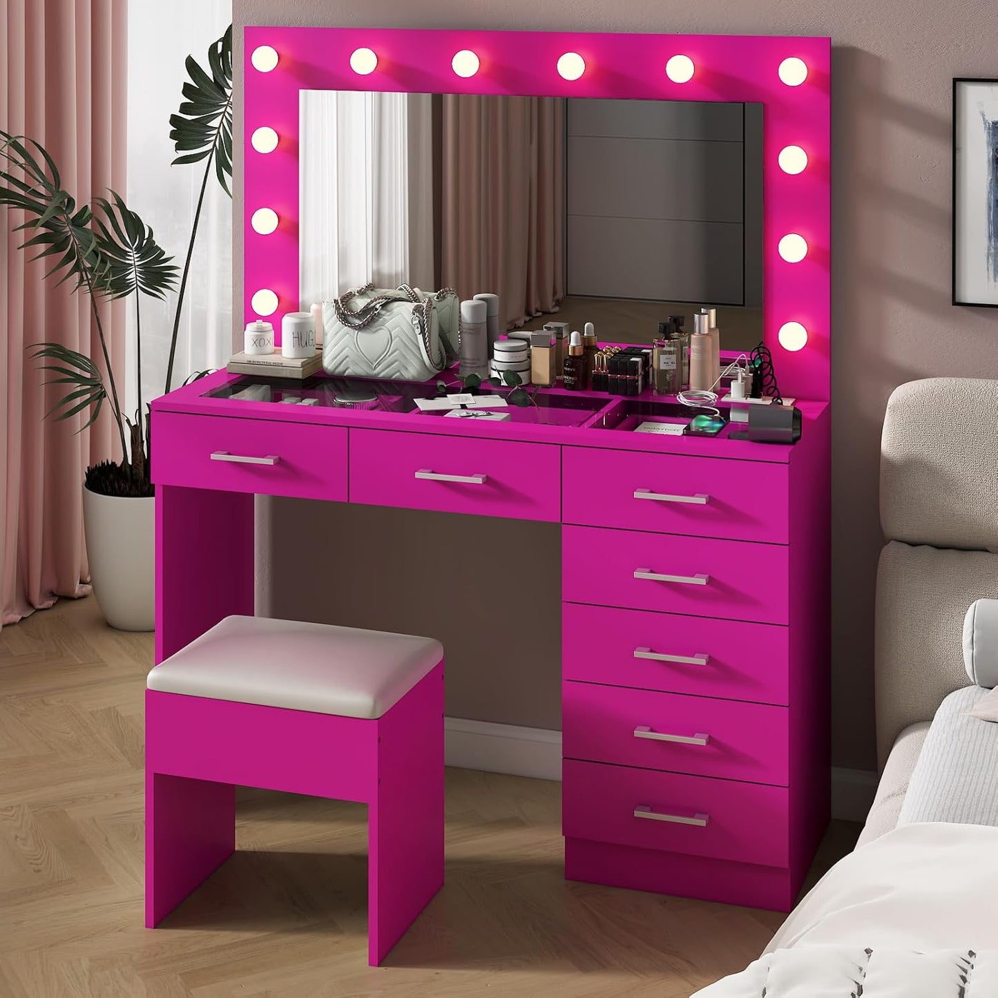 Karl home Vanity Desk with Large Lighted Mirror & Powre Outlet, Glass Tabletop Makeup Vanity Set with 7 Drawers, 45.3" Vanity Table with 3 Color Lighting Modes, Dressing Table for Women Girls, Pink