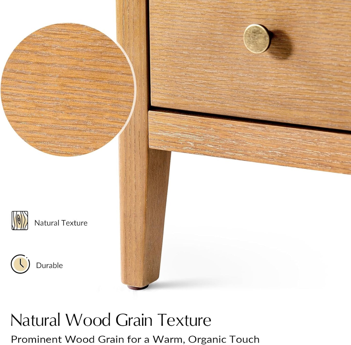 HULALA HOME Nightstands Set of 2 with Charging Station, Modern 2 Drawer Night Stands with Solid Wood Frame, Large Wood Bedside Tables with Open Storage Space, Oak